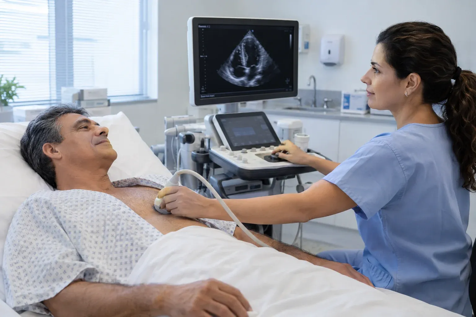 Atendimento durante um exame de ecocardiografia — imagem ilustrativa