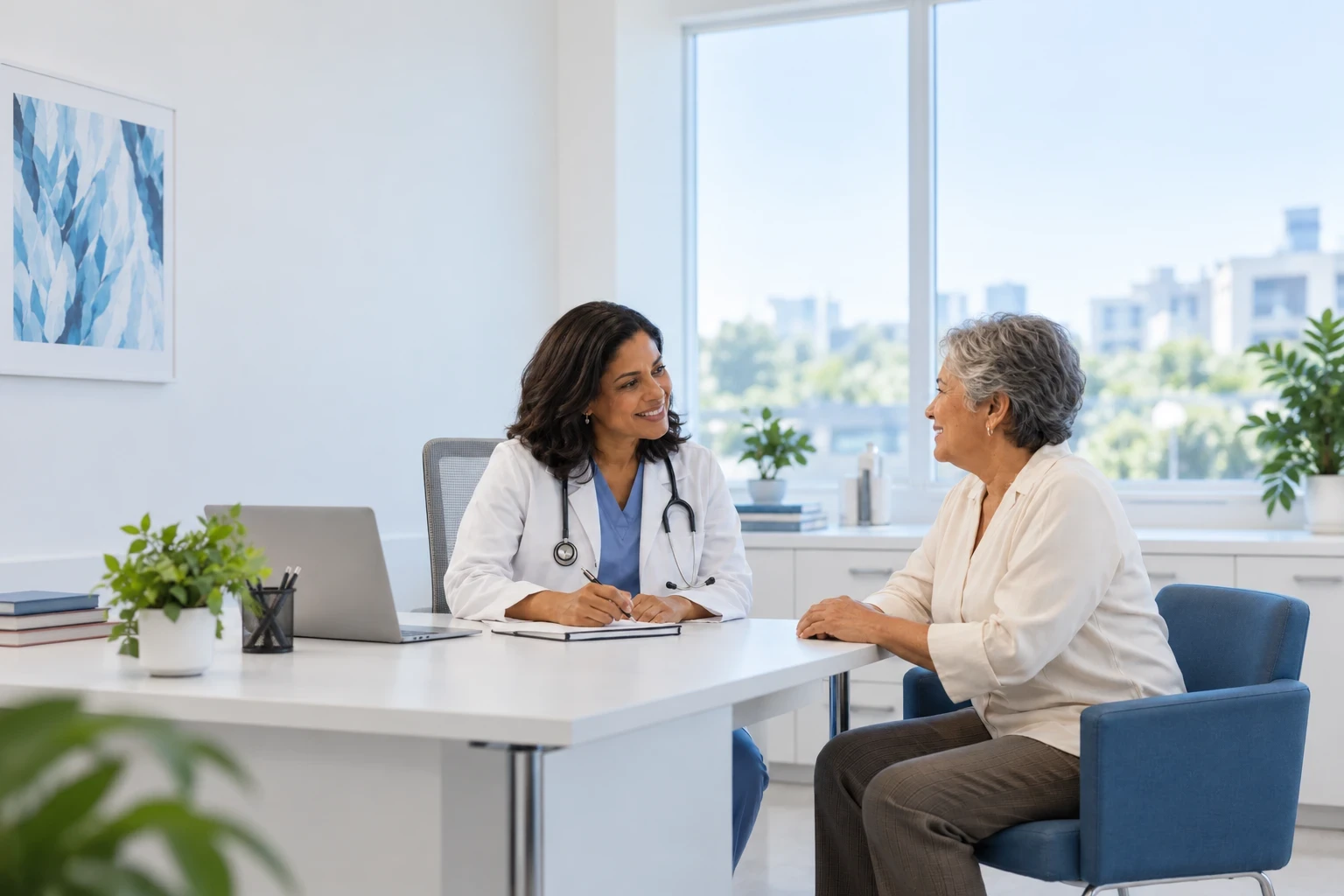 Médica e paciente conversando em um consultório com mesa e janelas — imagem ilustrativa